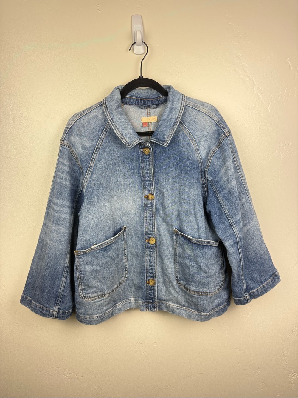 Pilcro Bell Sleeve Denim Trucker Jacket Large Anthropologie 70s Boho - Picture 2 of 6